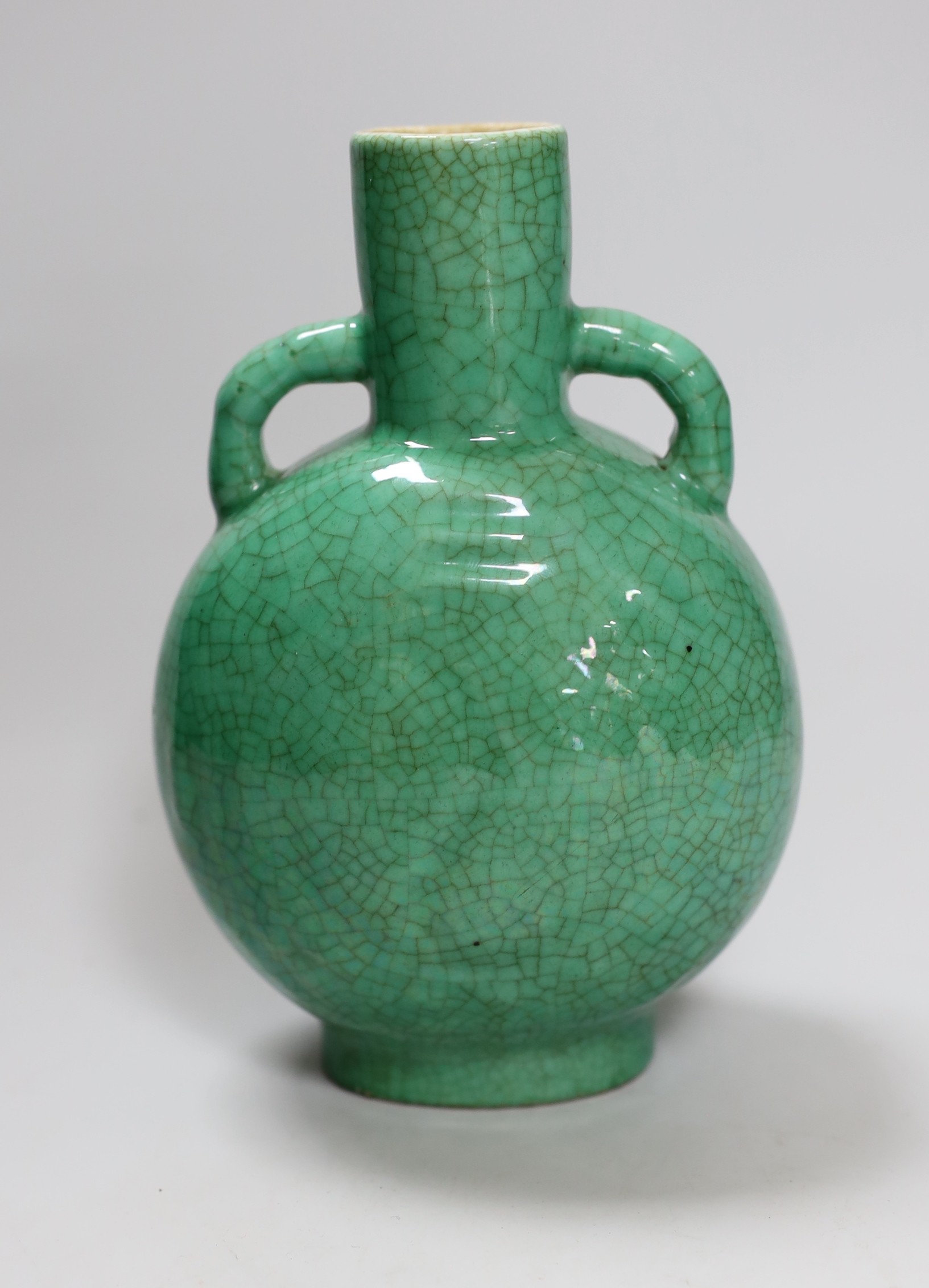 A 19th century Chinese green crackle glaze ‘eight trigrams’ moonflask, 19.5cm